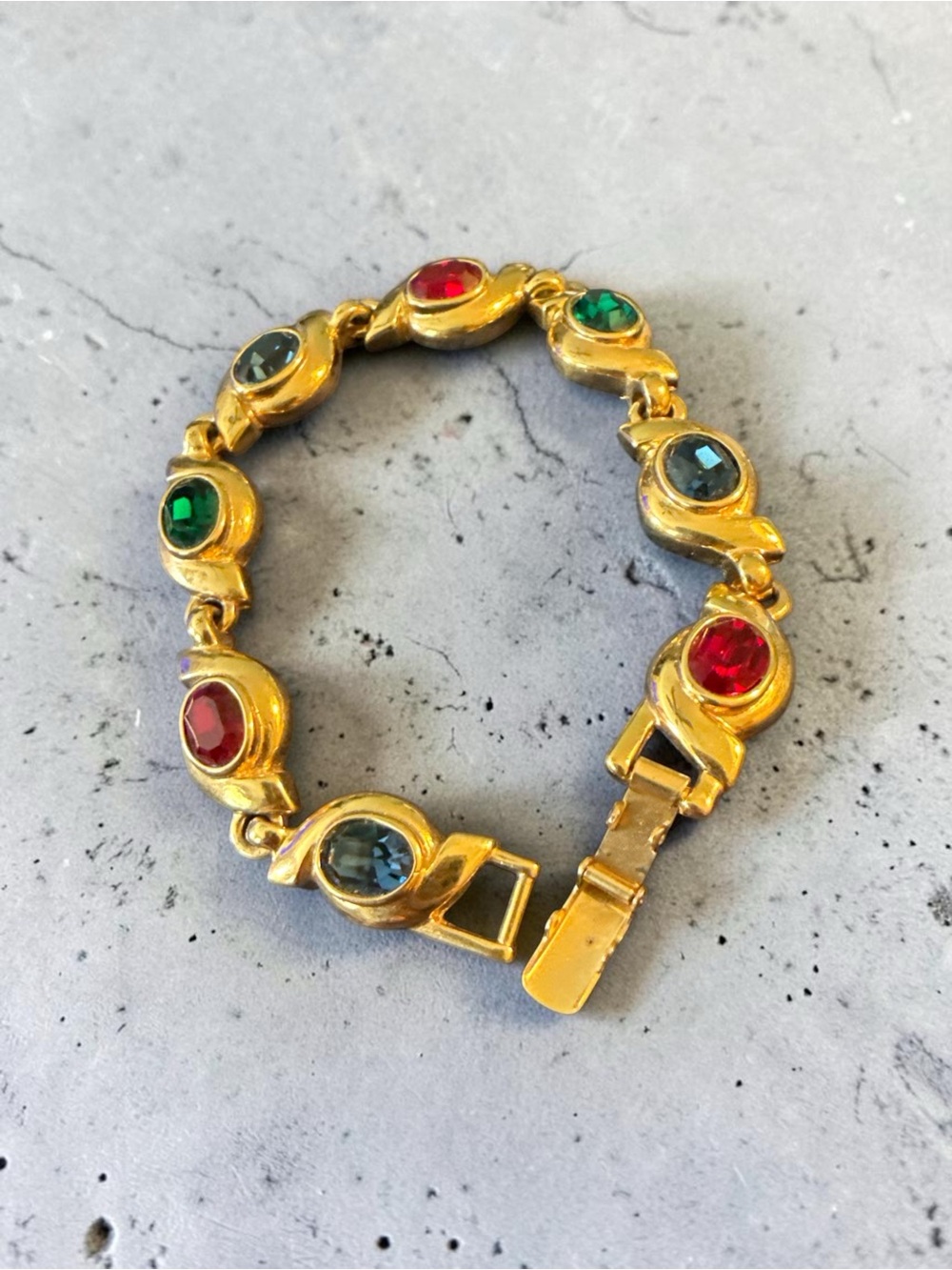 Vintage 7” Gold-Tone Bracelet | Red, Green & Blue Faceted Rhinestones